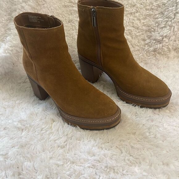 Steve Madden Shaniya leather Brown Suede platform block heels Ankle Boots SZ9M - Picture 3 of 15